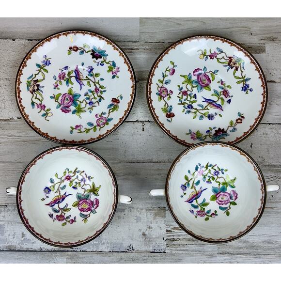 Vintage Coalport Pembroke Hand Painted 2 Handled Soup Bowls Saucers Birds Floral - Picture 2 of 11